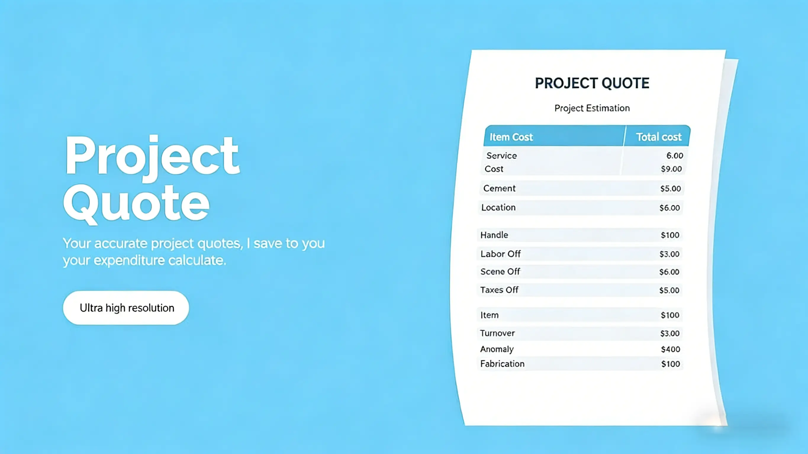 Minimal line art illustration: document or clipboard with project quote, estimate numbers, pen, professional proposal, white background, freelance project pricing